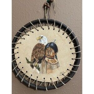 Cow Hide Painted With American Indian Girl And American Eagle Wall Hanging